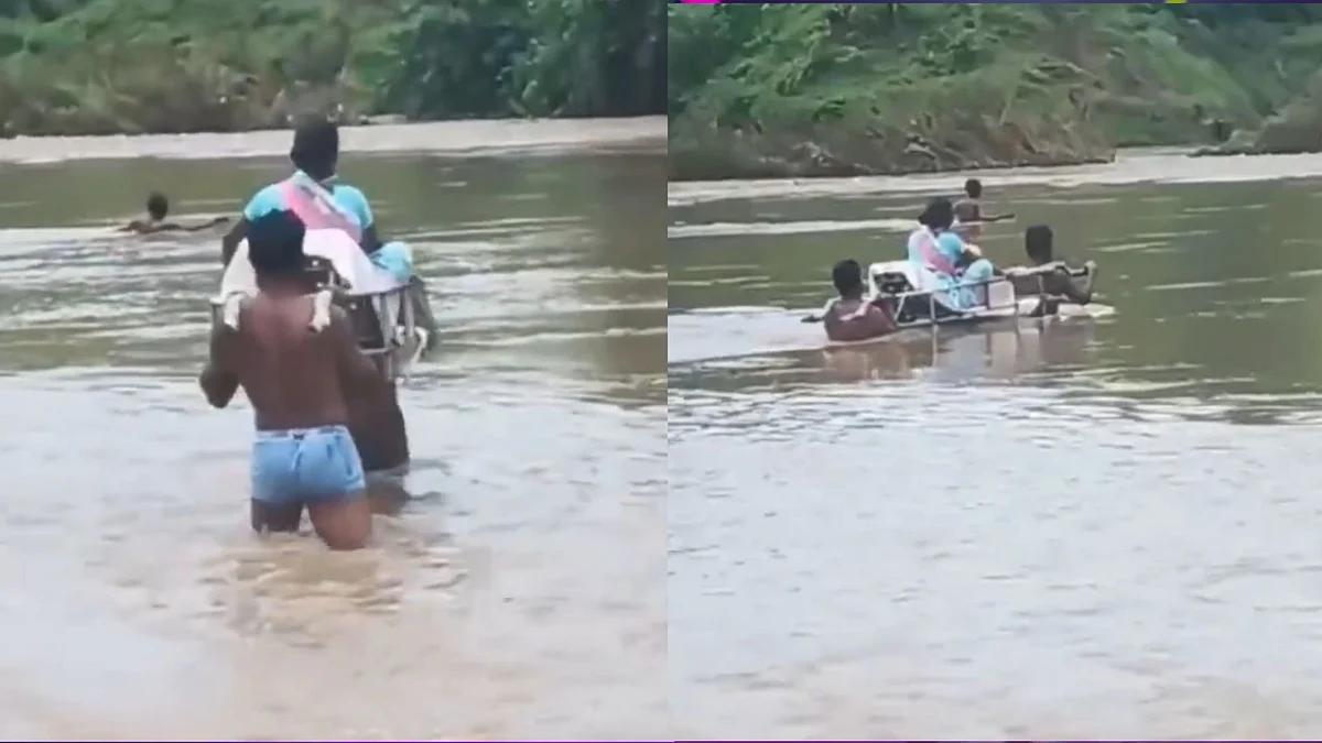 Heartbreaking! Pregnant Woman Carried Across Flooded Stream In Telangana - VIDEO