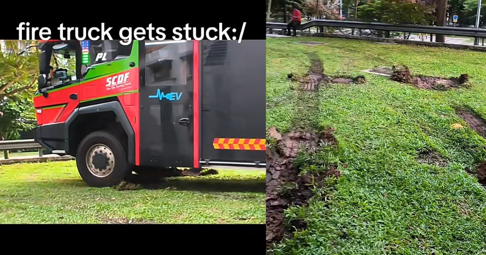 SCDF fire engine gets stuck in wet grass at Anchorvale Crescent, takes a while to escape