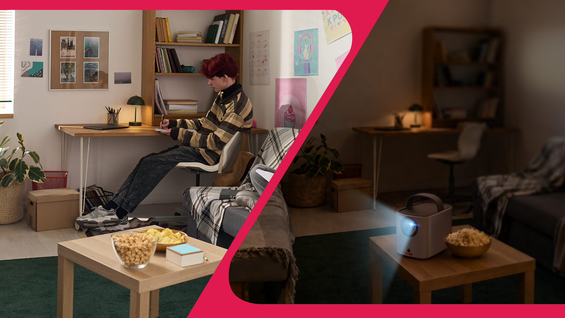 Dorm room cinema and study station: Portable smart projectors and dual displays