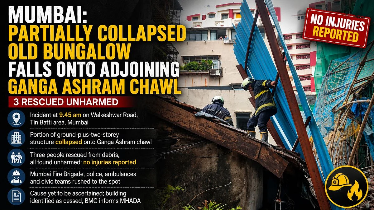 Mumbai: Partially Collapsed Old Bungalow Falls Onto Adjoining Ganga Ashram Chawl In Walkeshwar, 3 Rescued Unharmed