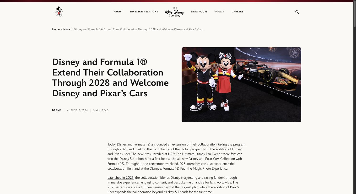 Disney and F1 Extend Their Partnership Through 2028, and Lightning McQueen Finally Gets Grid Time