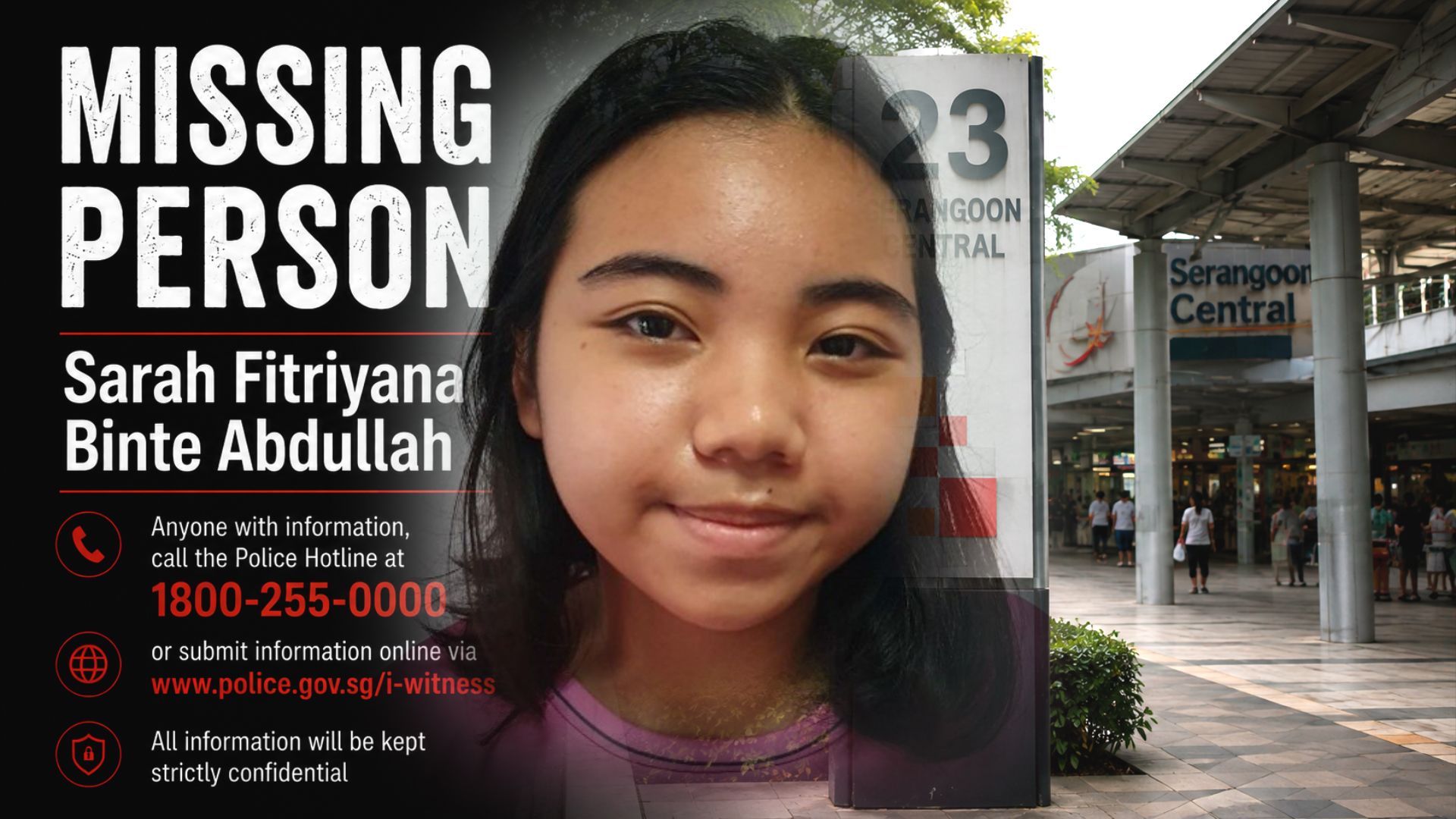 SG Police: Appeal for information on girl, 14, missing since July 24, last seen in Serangoon Central, wearing purple top, light blue shorts