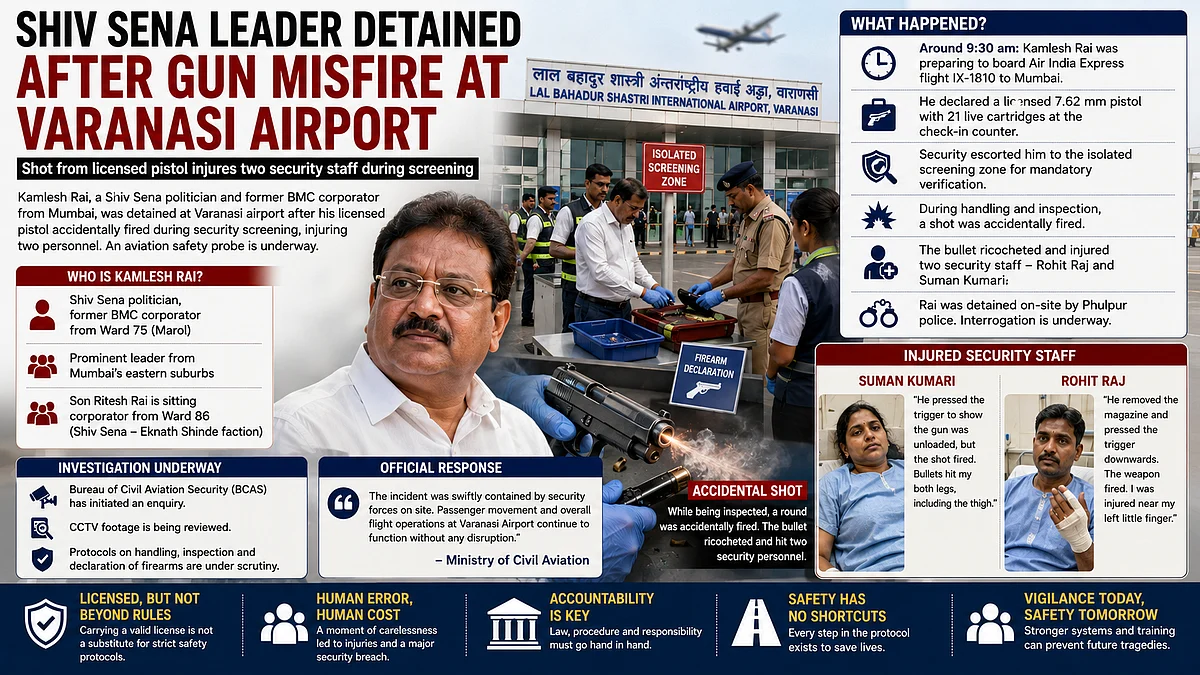 Shiv Sena Politician & Former BMC Corporator Detained At Varanasi Airport After Licensed Weapon Accidentally Discharged, Leaving Two Staffers Injured; BCAS Initiates Inquiry
