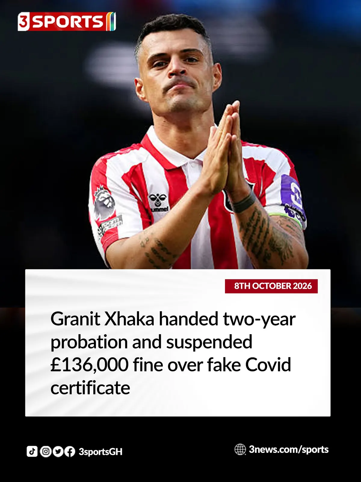Granit Xhaka handed two-year probation and suspended £136,000 fine over fake Covid certificate