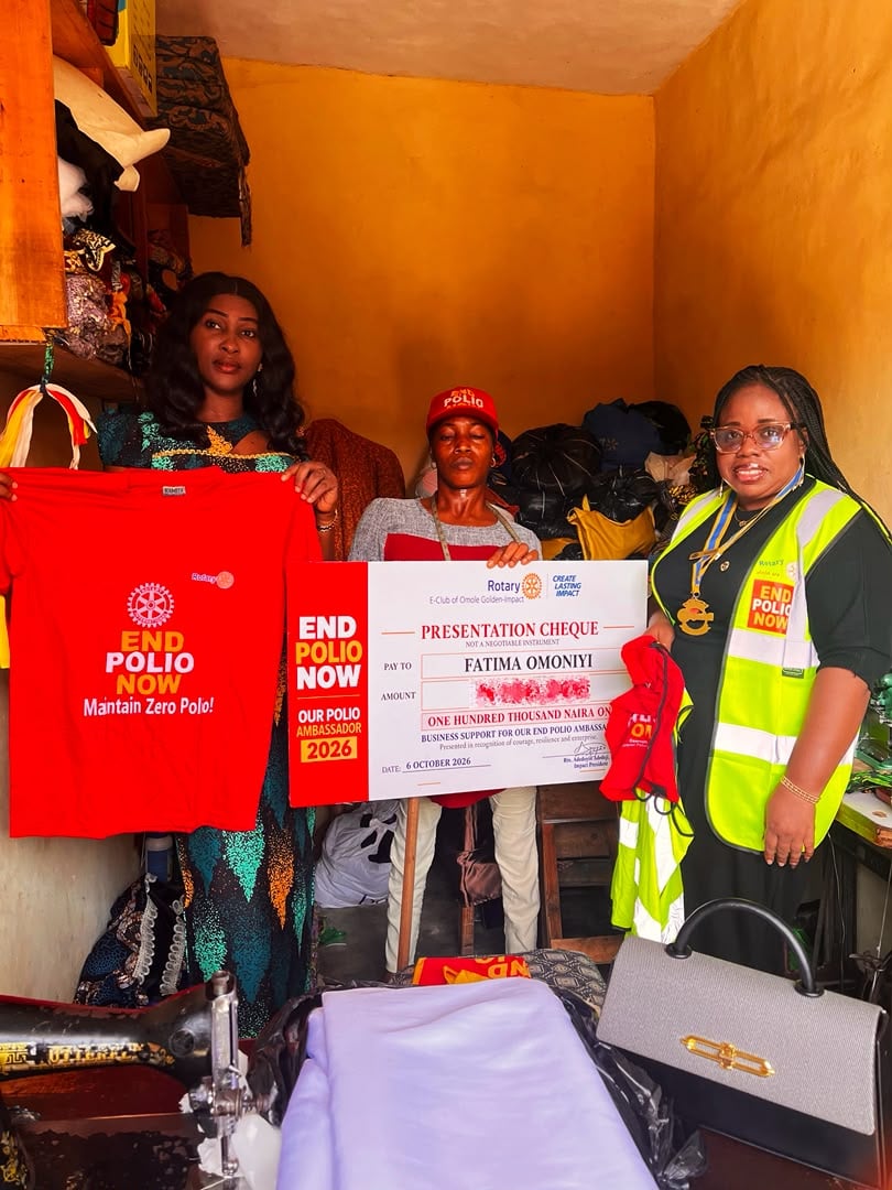 Rotary E-Club of Omole Golden-Impact decorates Fatimah Omoniyi as End Polio Now Ambassador