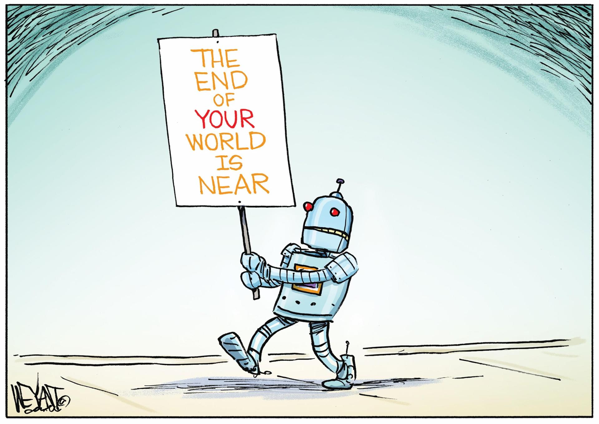 Robot holds warning sign