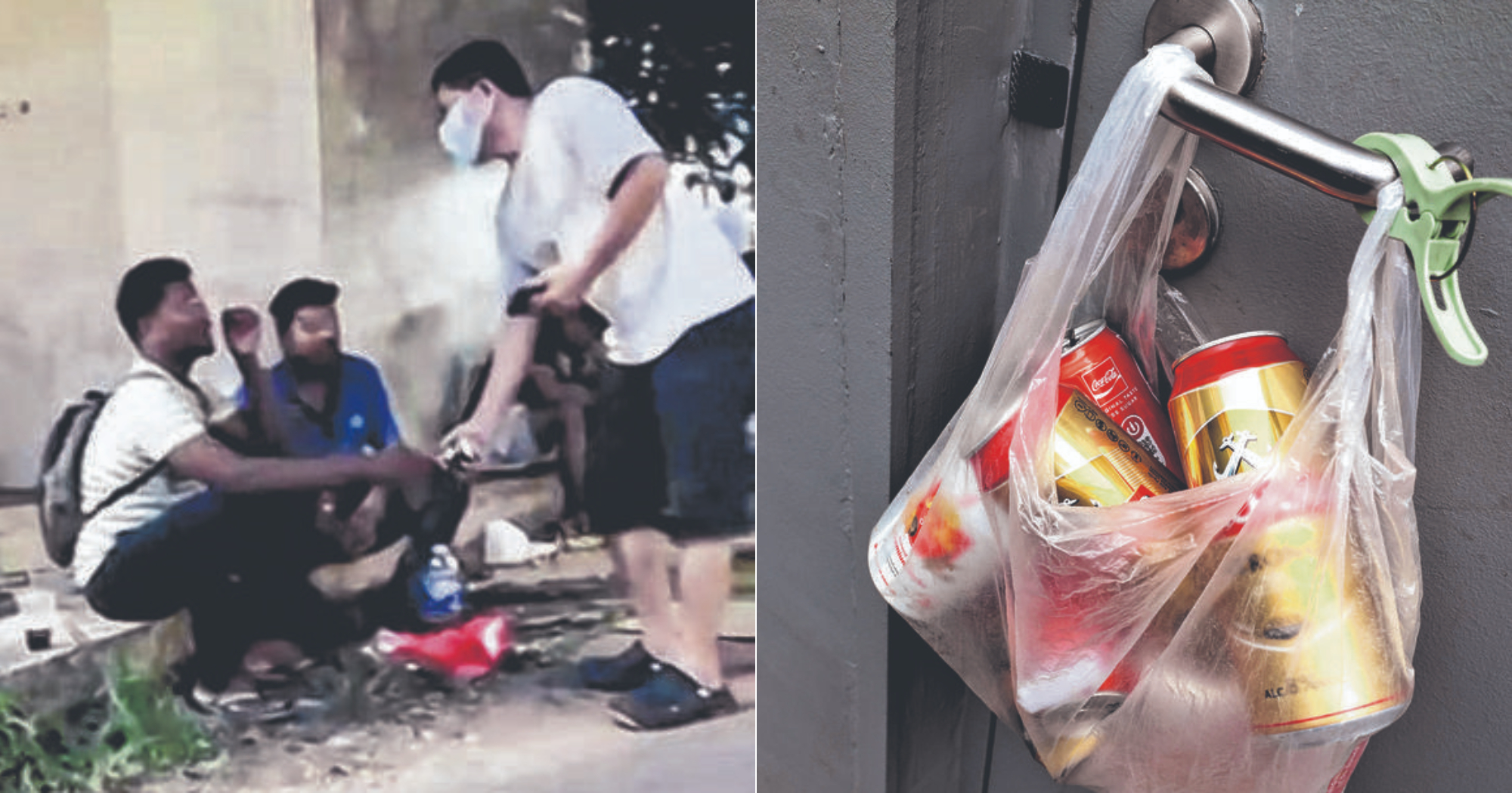 Foreign workers give away BCRS containers to man & woman outside Jurong Point, say it's just 10¢ each & not a big deal