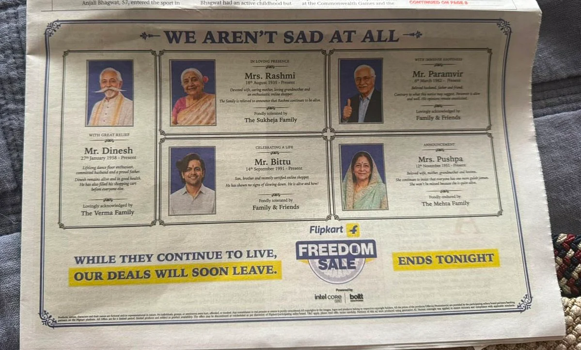Flipkart Faces Backlash Over Obituary-Style Freedom Sale Ad; Shobhaa De Calls It 'Insensitive & Disgusting'