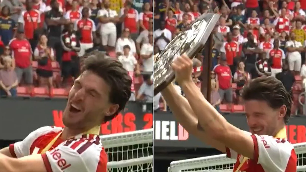 WATCH: Declan Rice Gets Hit In The Face By Trophy During Arsenal’s Community Shield Party