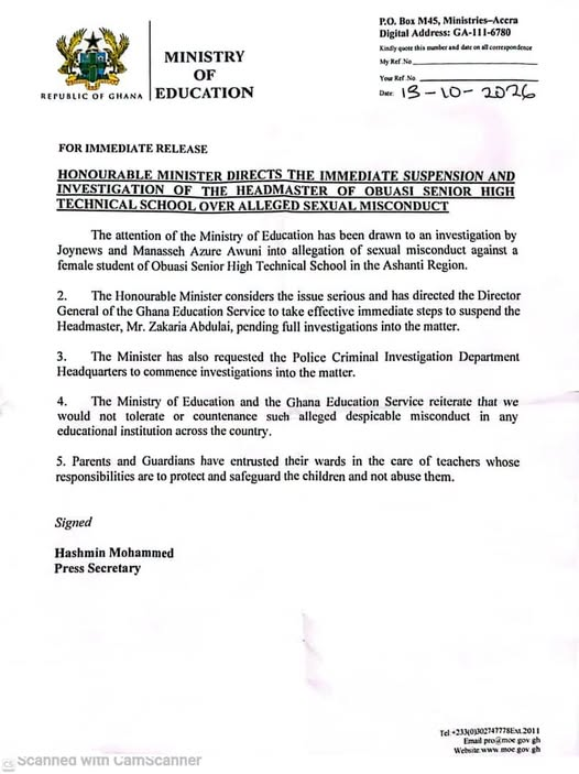 Education Minister Orders Suspension of Obuasi SHS Headmaster Over Alleged Sexual Misconduct