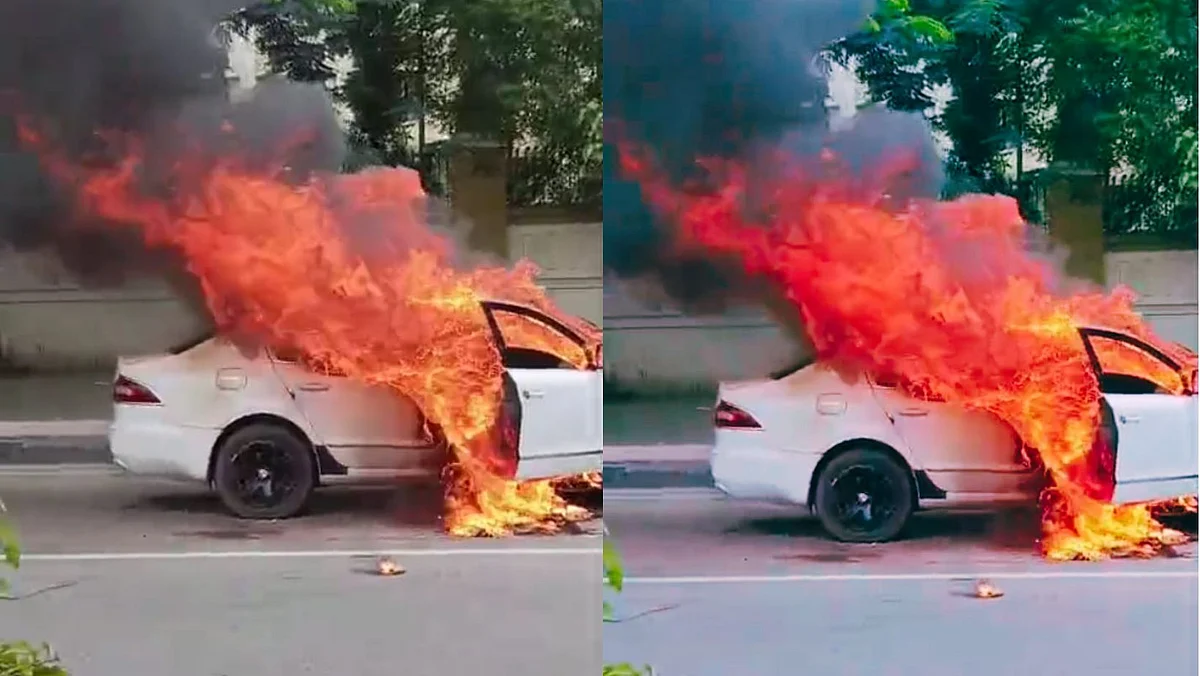 VIDEO: Skoda Owner Sets Car Ablaze After Traffic Police Fix Jammer In Chhatrapati Sambhajinagar