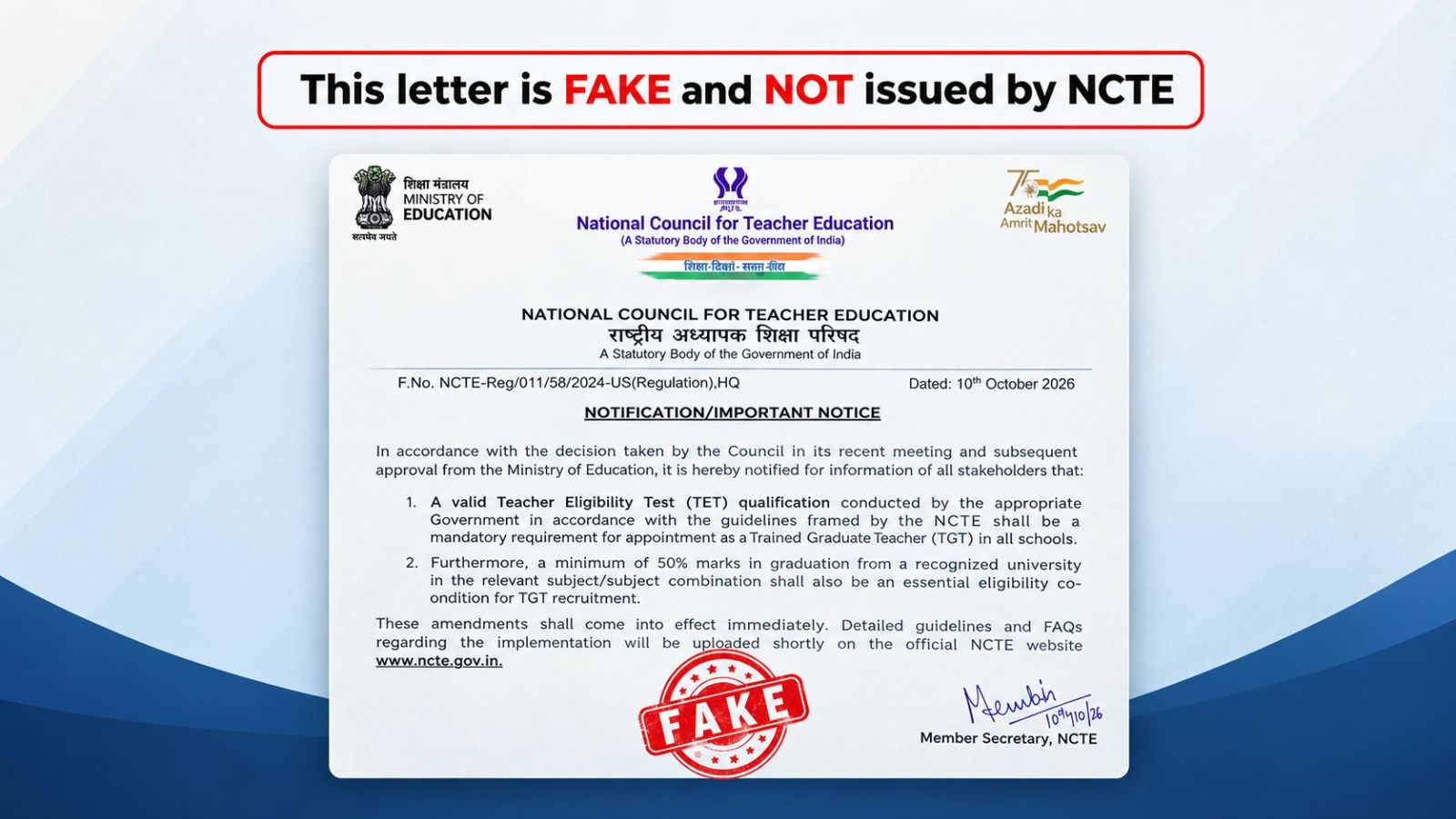 NCTE issues clarification on fake notice claiming 50% graduation marks mandatory for TGT appointments