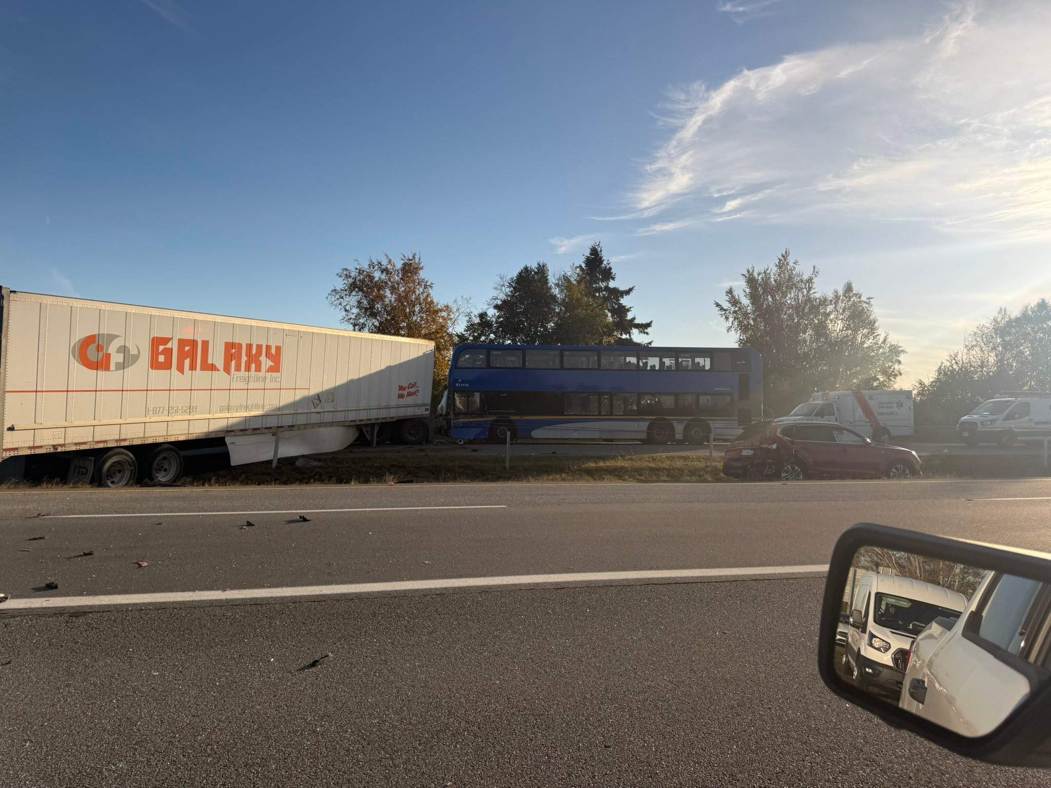 Multi-vehicle crash including double-decker bus closes Highway 99 in Delta