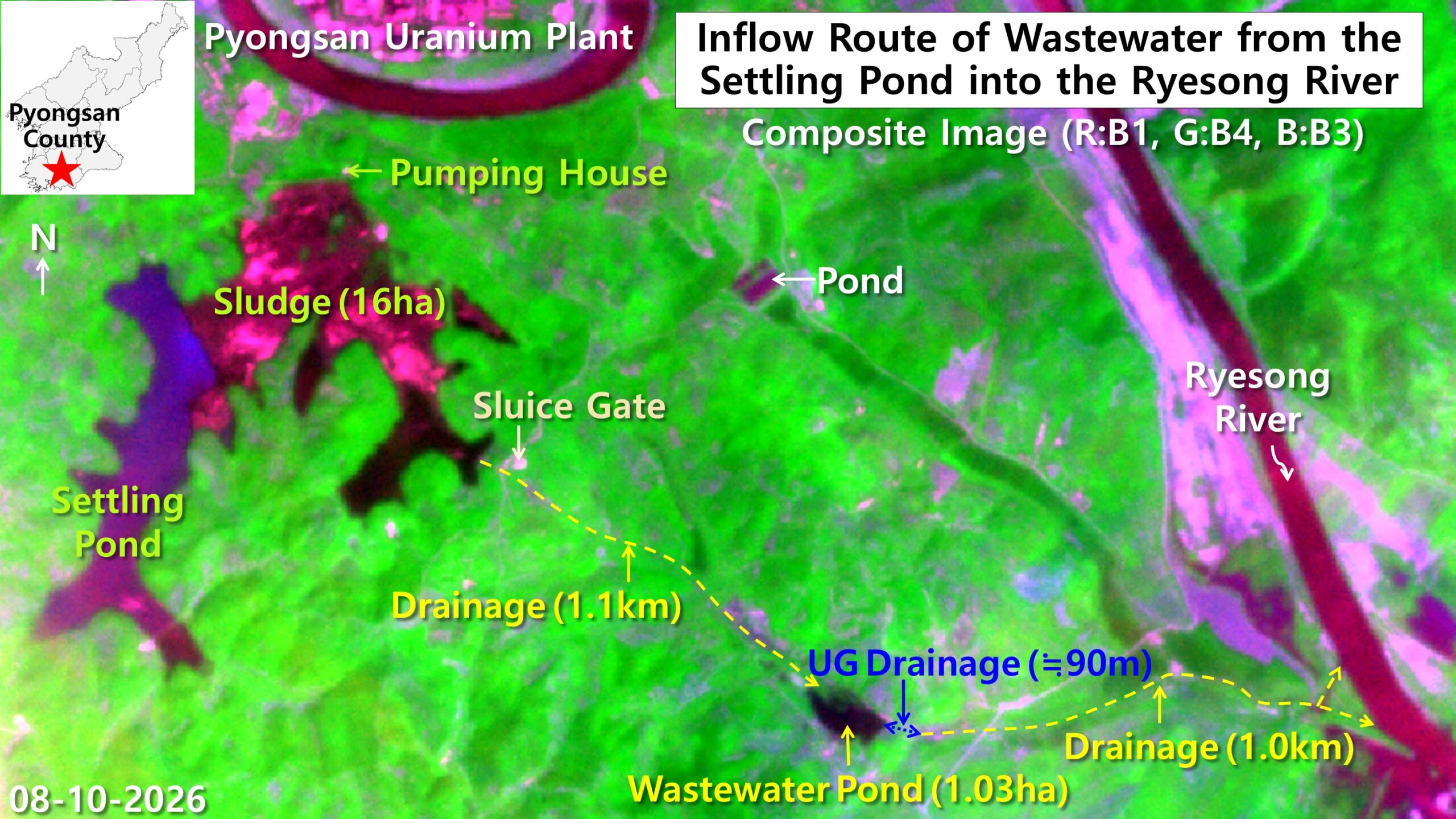 Satellite data trace a drainage route from North Korea’s Pyongsan uranium plant to the Ryesong River