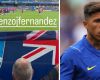 A Chelsea fan displays a Falklands flag as Enzo Fernández comes on