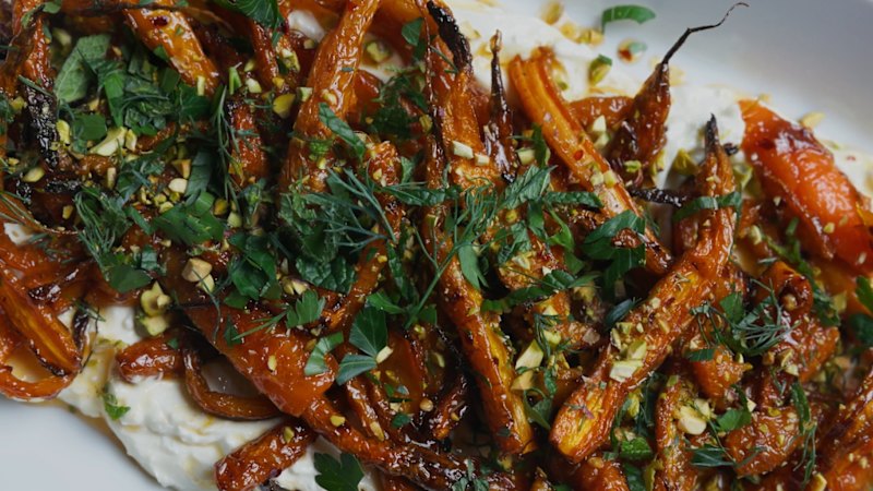 Roasted carrots with Angostura Bitters hot honey and whipped feta