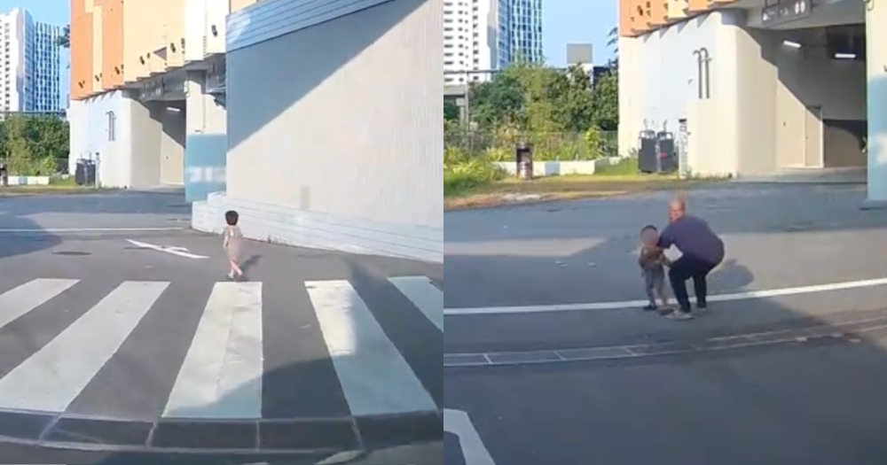 Toddler spotted running across road in Punggol, man immediately stops car & brings him to safety