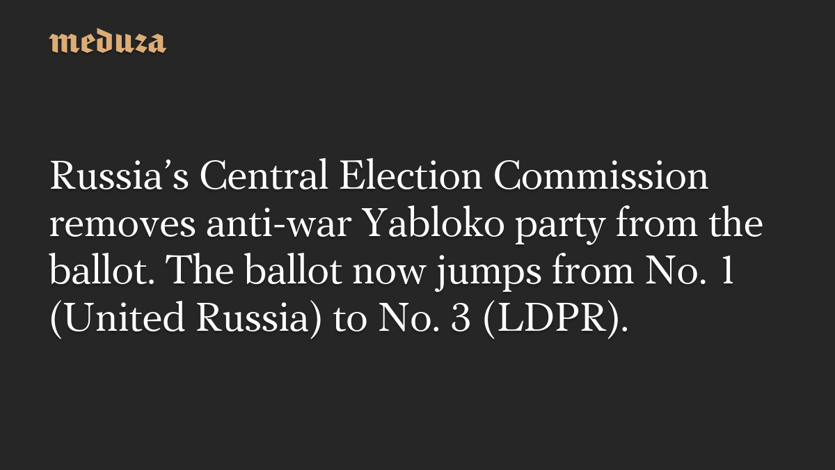 Russia’s Central Election Commission removes anti-war Yabloko party from the ballot. The ballot now jumps from No. 1 (United Russia) to No. 3 (LDPR).