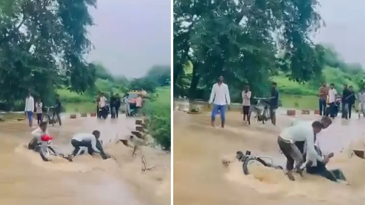 VIDEO: Biker Loses Balance In Rain-Swollen Stream In Panna; Locals Rescue Passengers From Being Swept Away By Strong Current