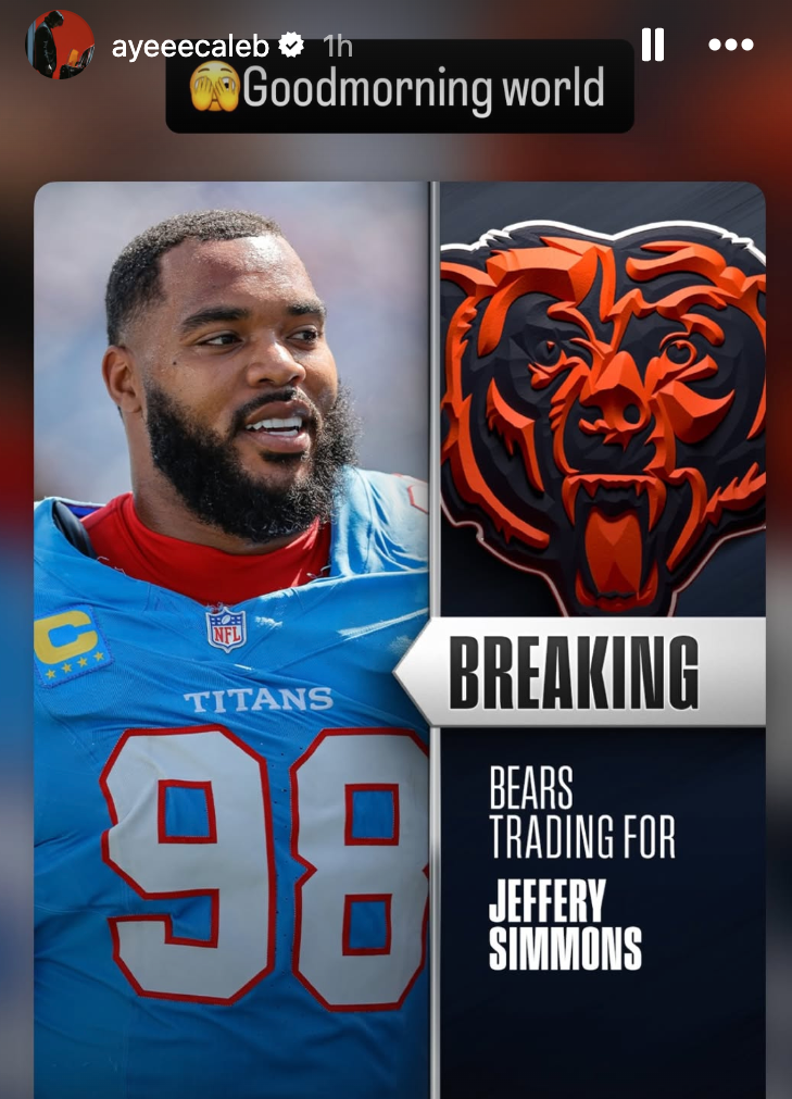 Caleb Williams had a delighted 2-word reaction to Bears' Jeffery Simmons trade