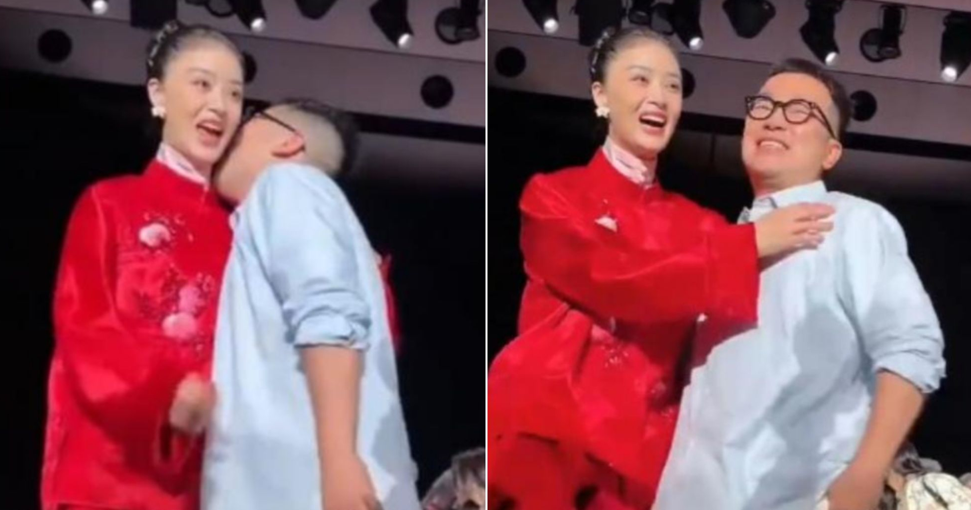 Chinese actress Jiang Xin startled when designer kissed her neck at fashion brand show