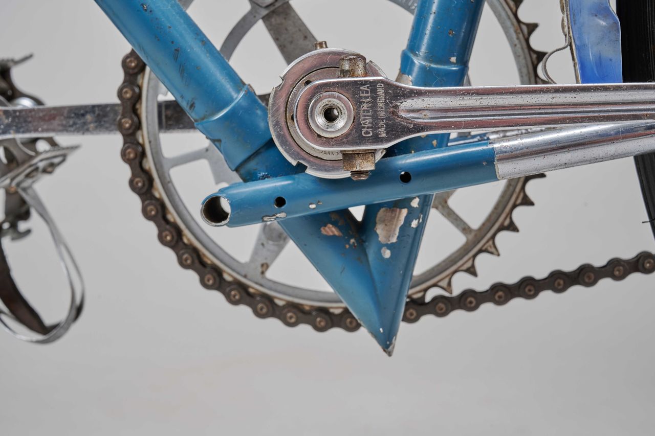 A suspended bottom bracket cradled by the surrounding tubes, this Thanet Superlight demonstrates radical 1950s bike design