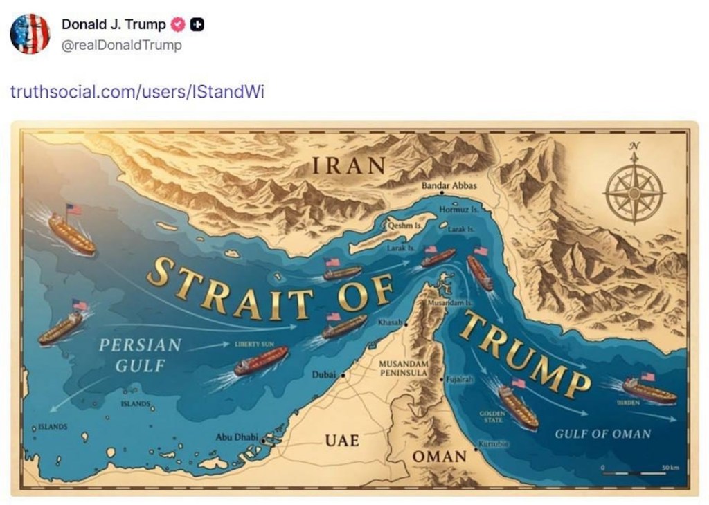 Escalating Trump posts map labeling Hormuz Strait ‘US territory’