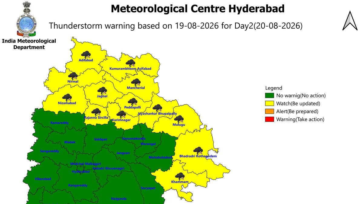Thunderstorm forecast in 13 Telangana districts on August 20