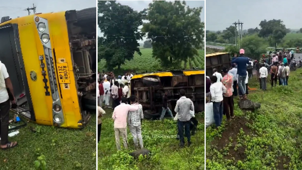 School Bus Carrying Around 60 Students Overturns In Khargone After Driver Loses Control Over Steering— VIDEO