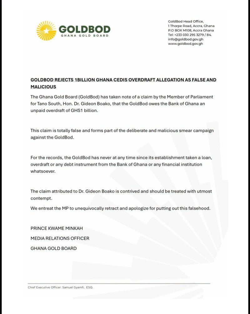 GoldBod rejects GH¢1 billion overdraft allegation as false and malicious
