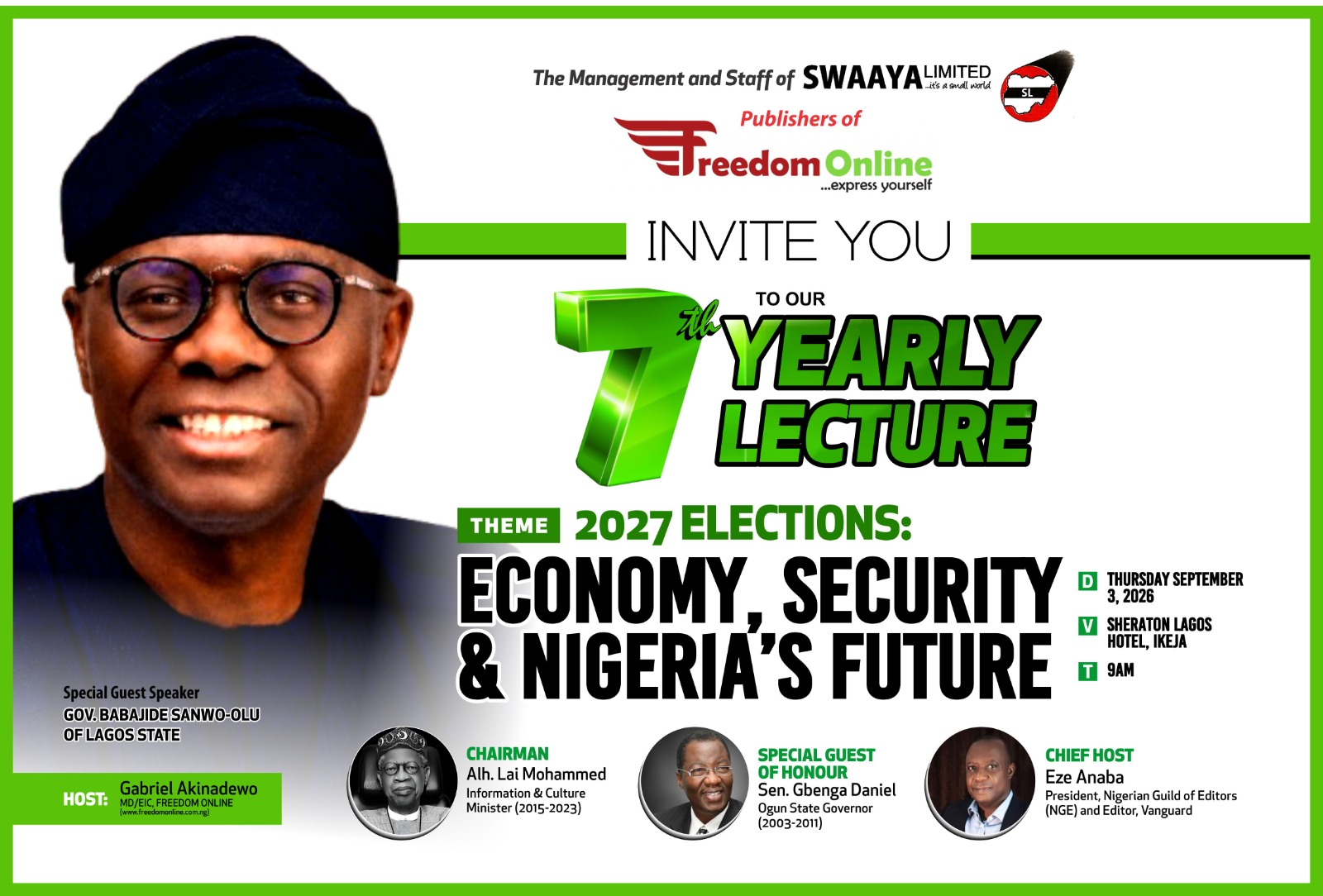 Sanwo-Olu, Lai Mohammed, Gbenga Daniel to discuss 2027 elections, insecurity at 7th Freedom Online lecture