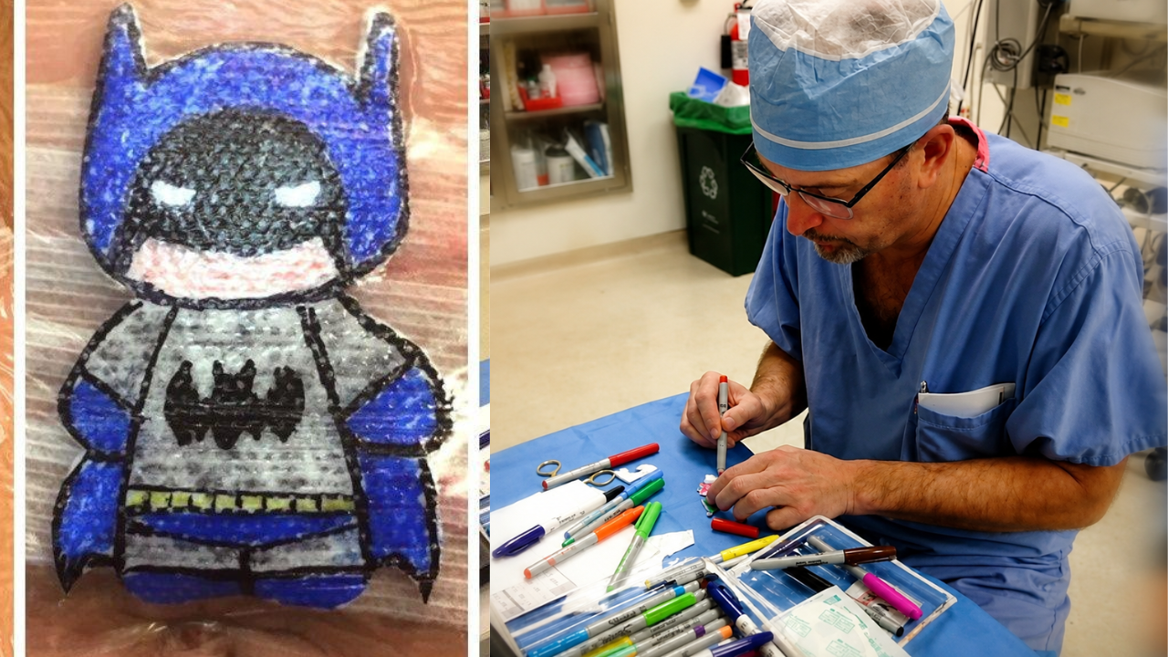 Dr Robert Parry, Ohio pediatric surgeon, draws cartoons on kids’ bandages after surgery