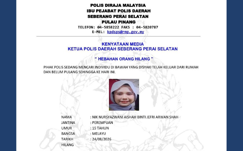 Cops seek help to find missing girl, 15, in Seberang Prai