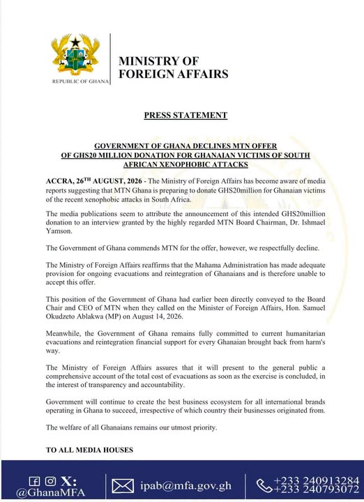 Government declines MTN’s GH¢20m donation for victims of xenophobic attacks in South Africa