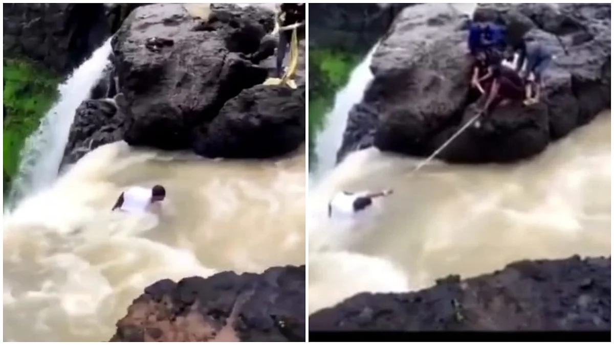 WATCH: Selfie Attempt Near Pune’s Kalu Waterfall Turns Life-Threatening; Tourists Rescue Youth After Slip