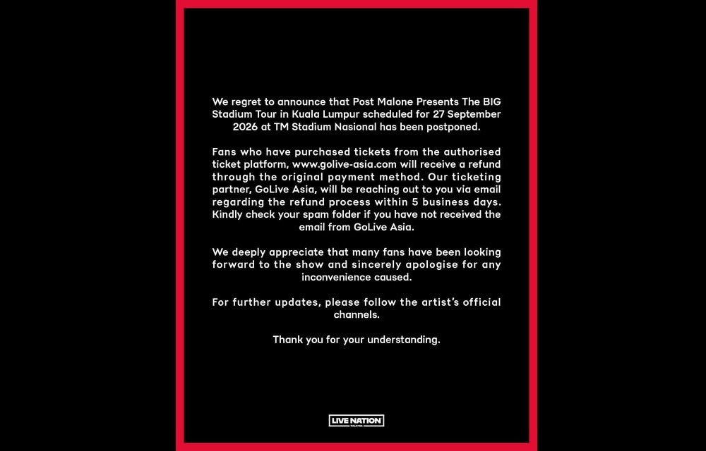 Post Malone pushes back Asian leg of BIG Stadium Tour, KL show cancelled