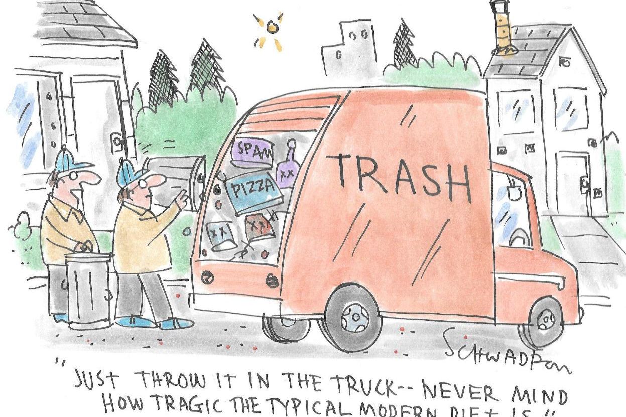Trash truck collects modern diet items