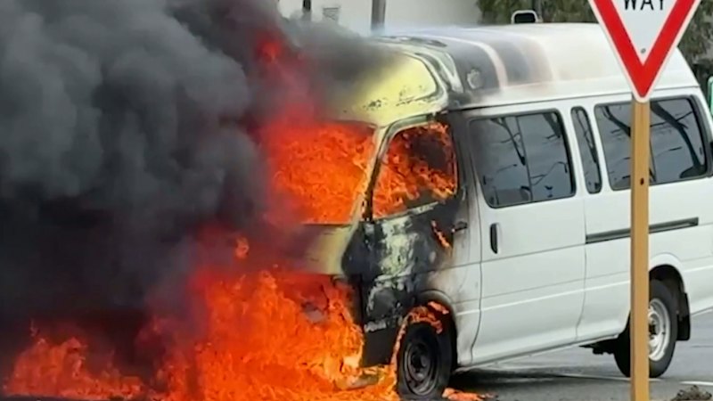 Bunnings staff rush to van that burst into flames in Perth