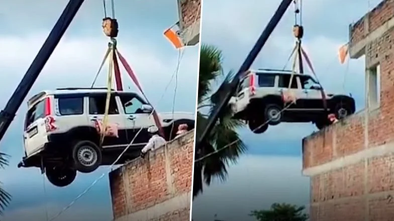 Viral Video: Bihar Scorpio Owner Uses Crane To Park SUV On House Roof Before Going Abroad