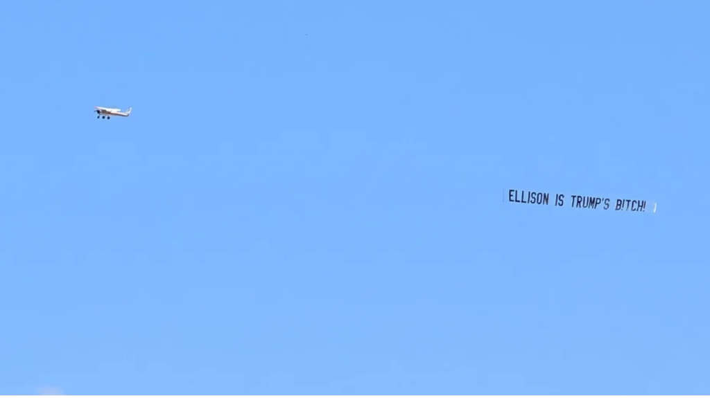 Plane Flies ‘Ellison Is Trump’s B—h!’ Over Paramount Lot as Dueling Merger Pressers Are Held Outside