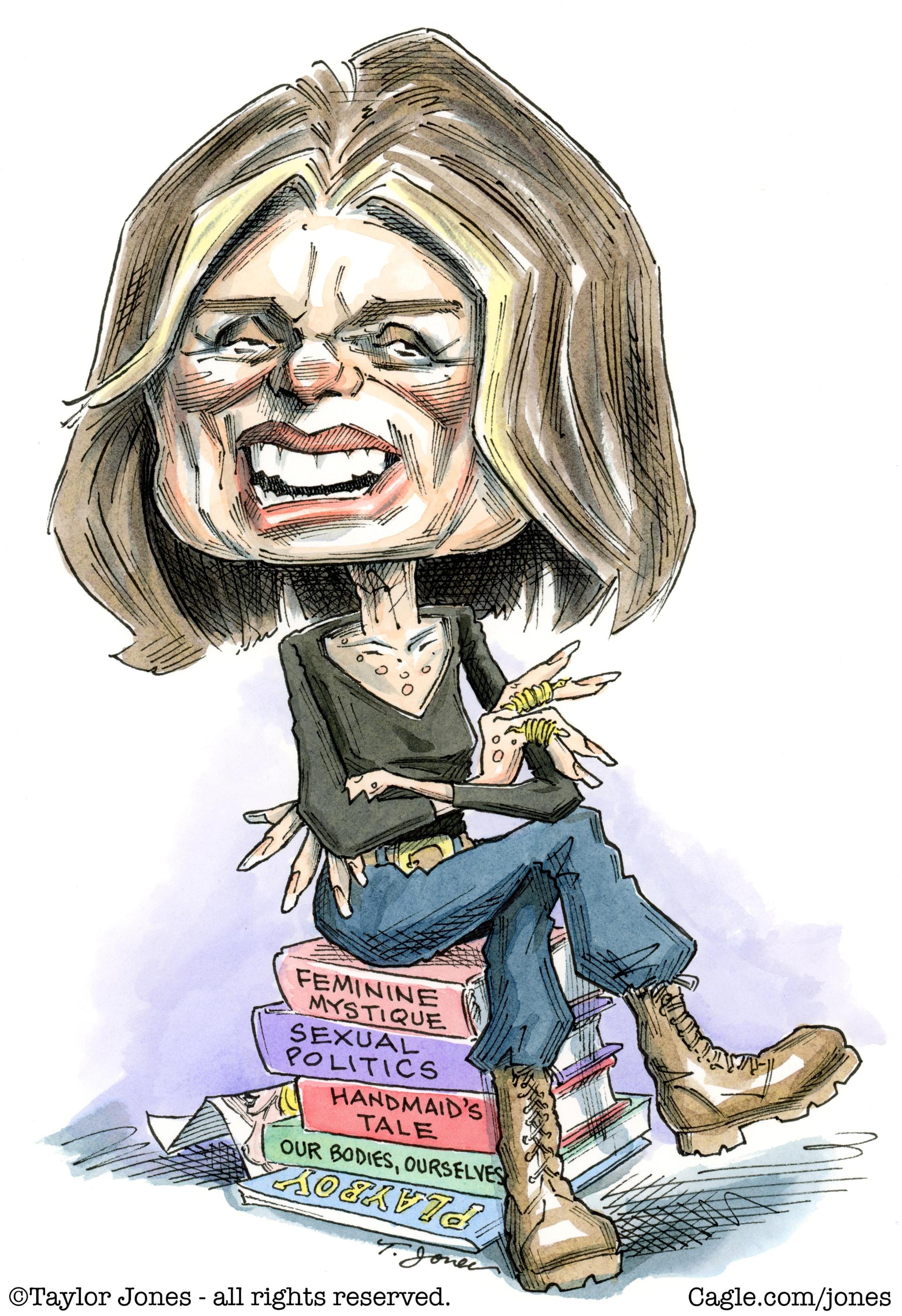 Gloria Steinem atop feminist book stack