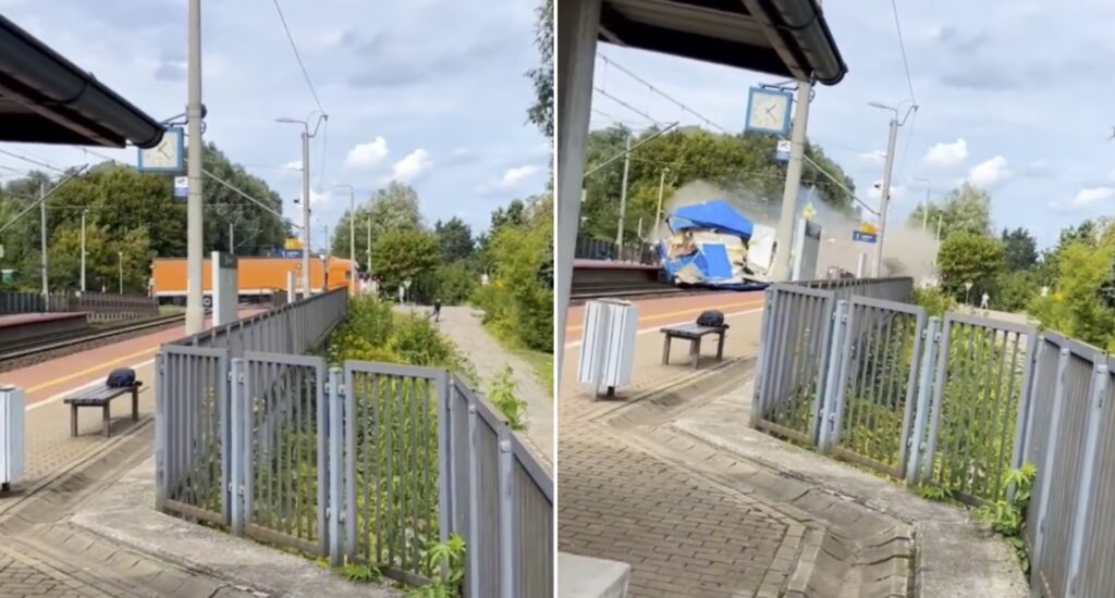 CCTV captures Intercity train smash into lorry trapped on Gdansk level crossing