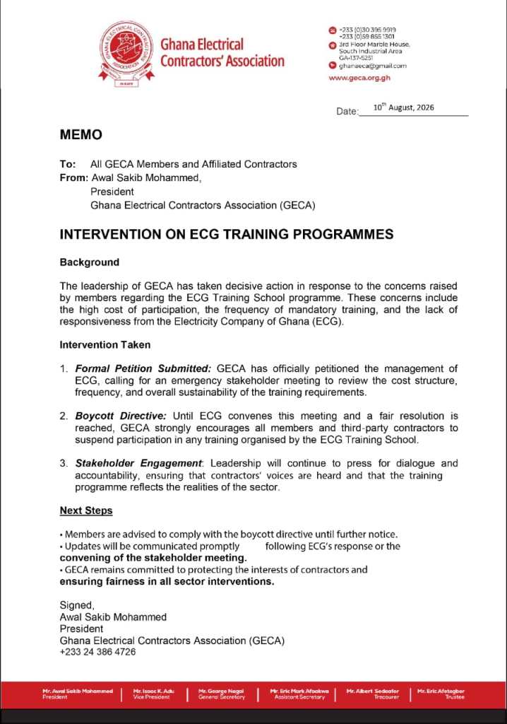 GECA directs electrical contractors to boycott ECG training over high fees
