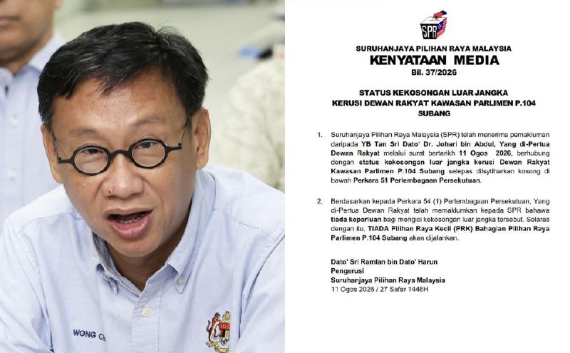 No by-election for Subang after Wong Chen's resignation - EC