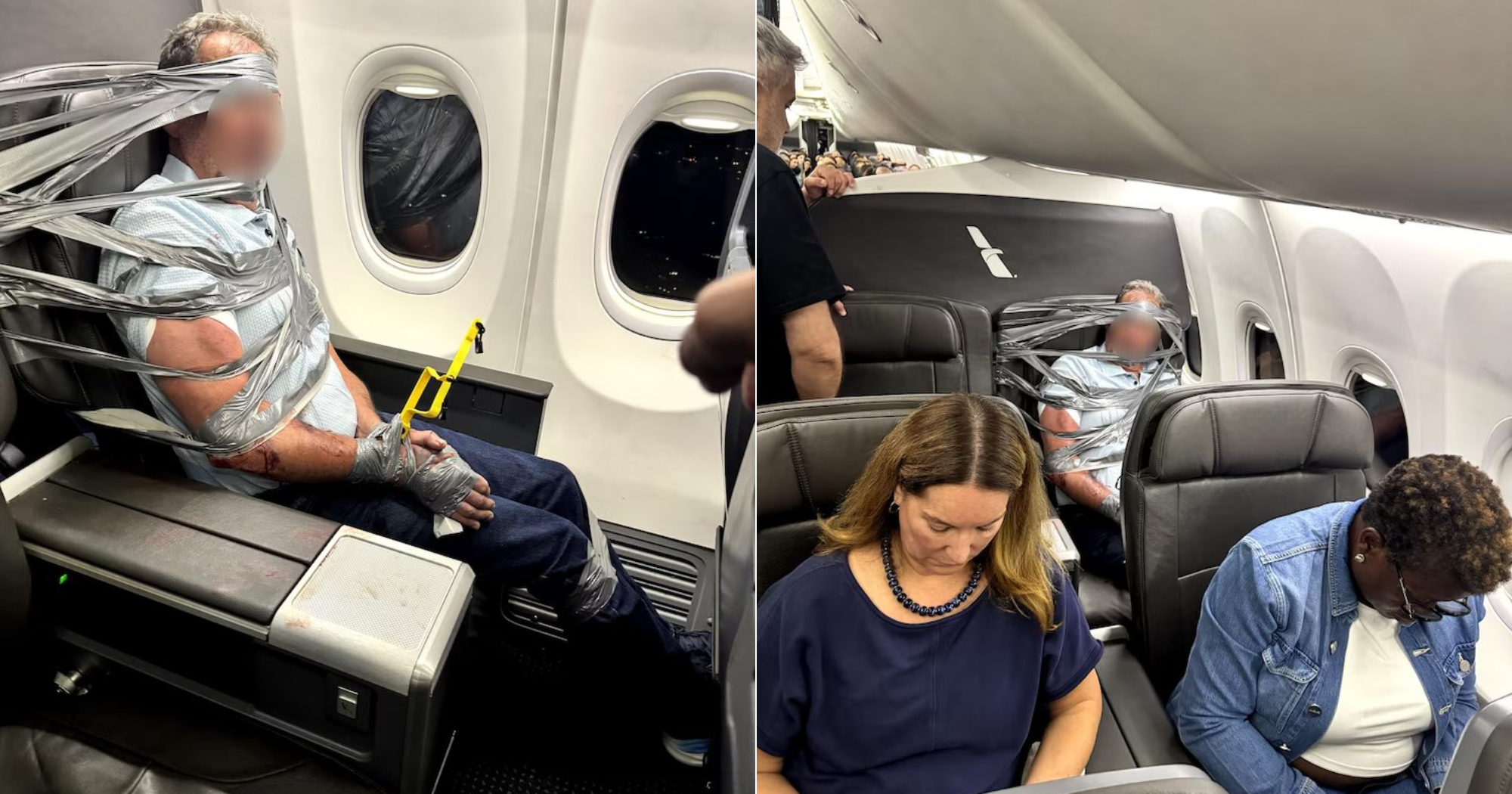 Man acting violent on US flight duct-taped to plane seat by passengers