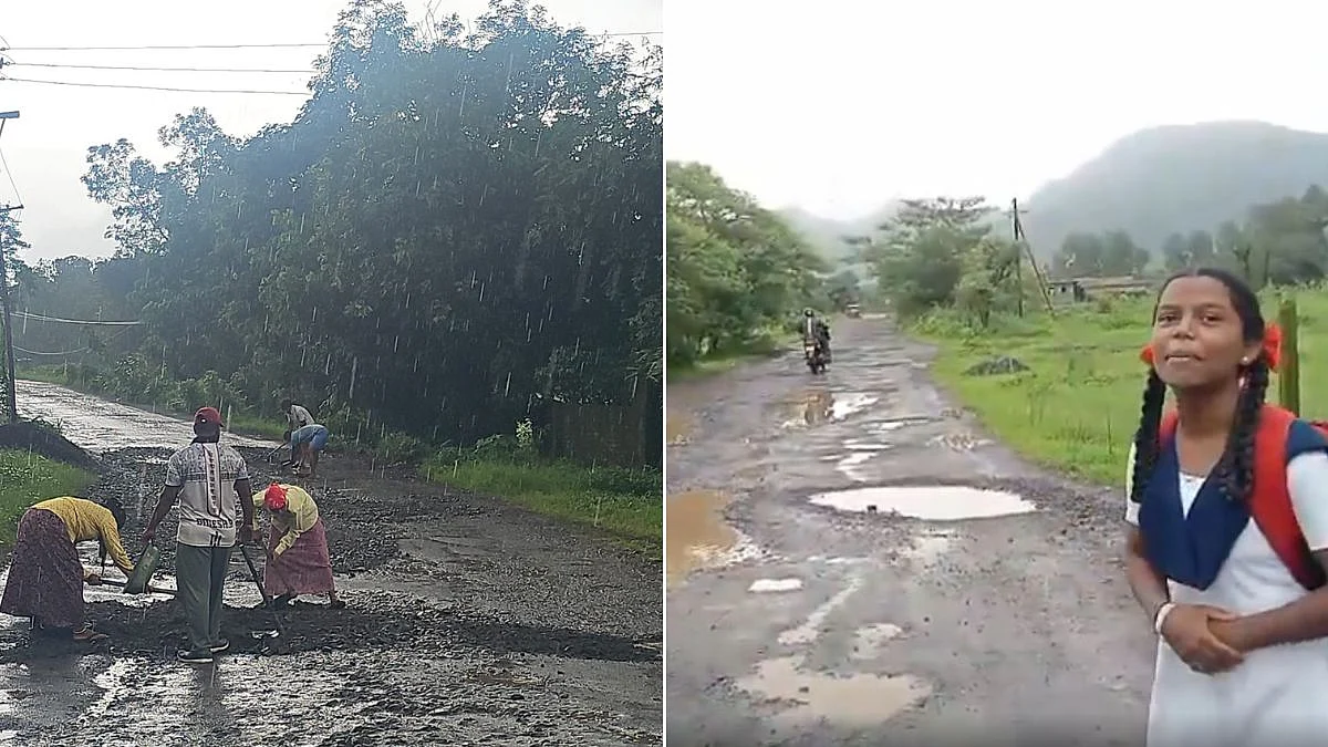 Raigad Schoolgirls’ Viral Pothole Video Forces Swift Action, Karjat Road Repairs Begin Overnight | Video