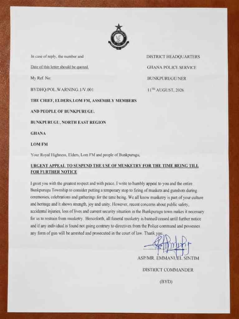 Bunkpurugu Police ban gunshots at funerals and public events over safety concerns