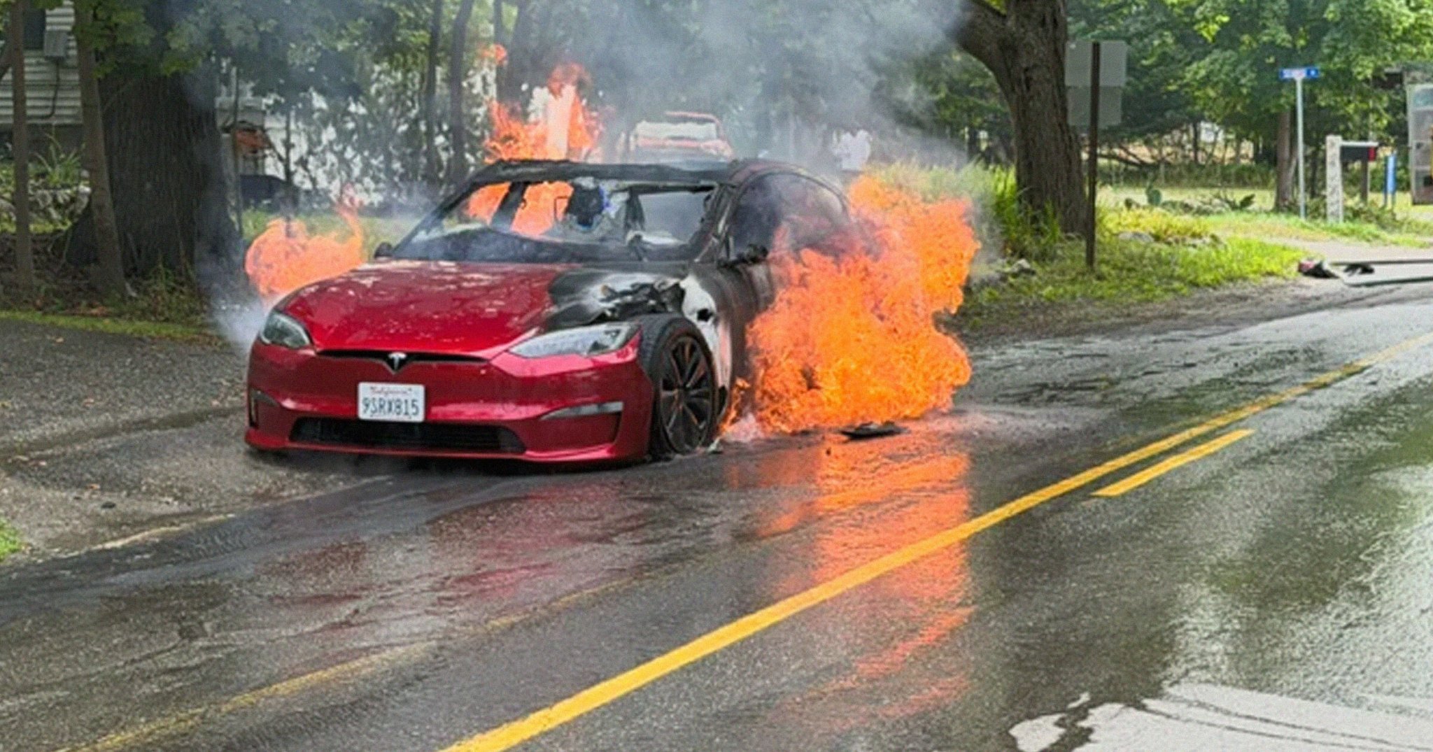 Driver Pulls Up Directly to Firehouse When His Tesla Inexplicably Bursts Into Flames