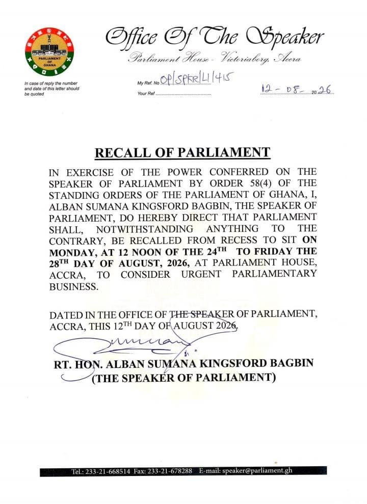 Speaker recalls Parliament from recess to consider urgent business
