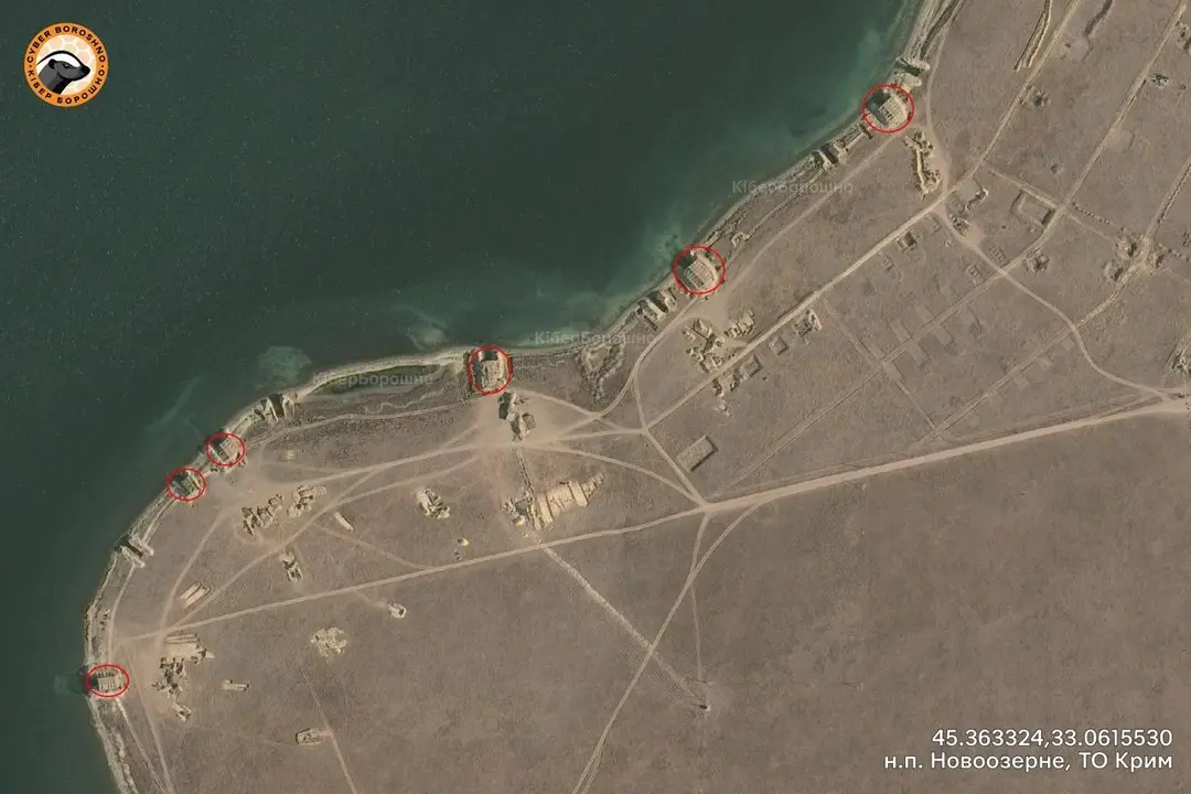 Satellite images show 21 shelters at suspected Russian naval drone base at Lake Donuzlav in occupied Crimea